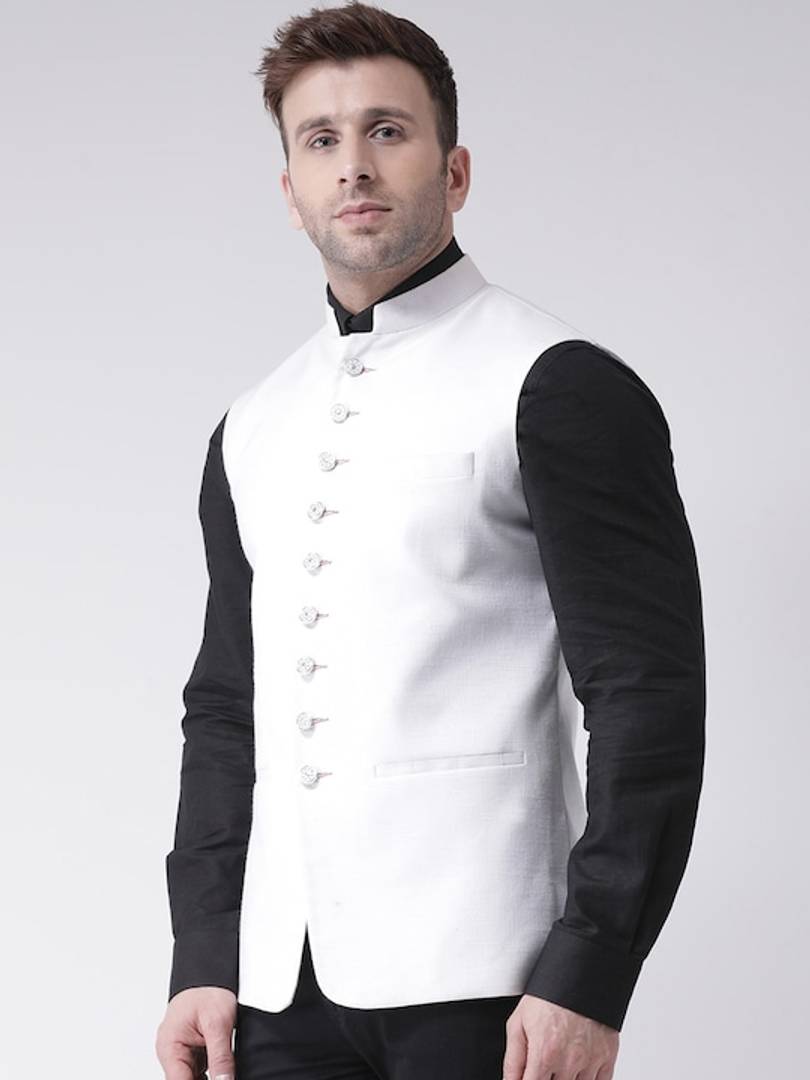 Men's White Viscose
 Solid
 Nehru Jackets